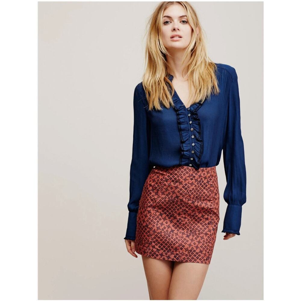 Free People Boho Geometric Stretch Mini Skirt Rust / Black Seamed sz 0 - Picture 2 of 9